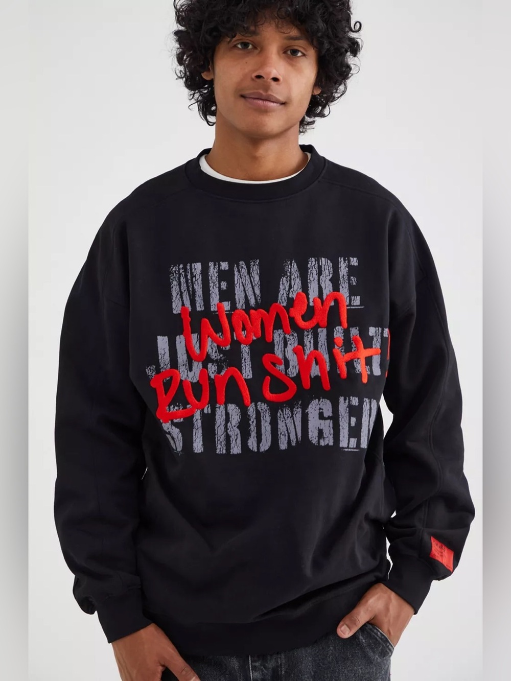 CHNGE black sweatshirt "Women Are Just Bigger" with white and red graphic text,